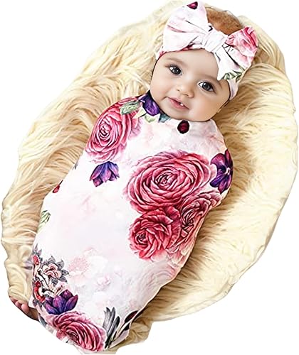 Galabloomer Conjunto de diadema de manta para recién nacido, diseño de flores de bebé con lazo grande (rosa nostálgia)