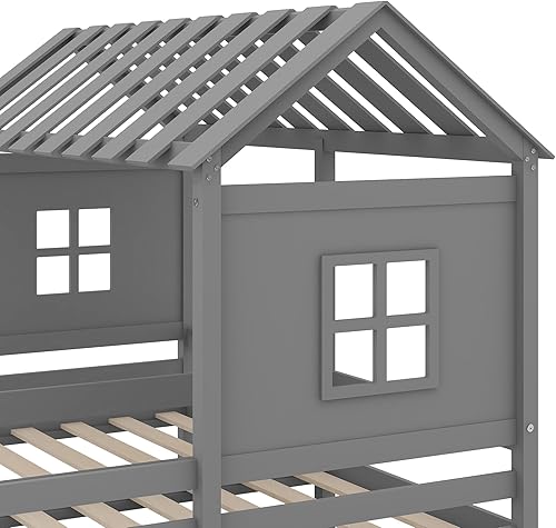 Miniatura 8 de Cama de casa con 2 camas individuales de plataforma para niños camas dobles de madera con techo y cajones de almacenamiento 2 camas en 1 para niñas