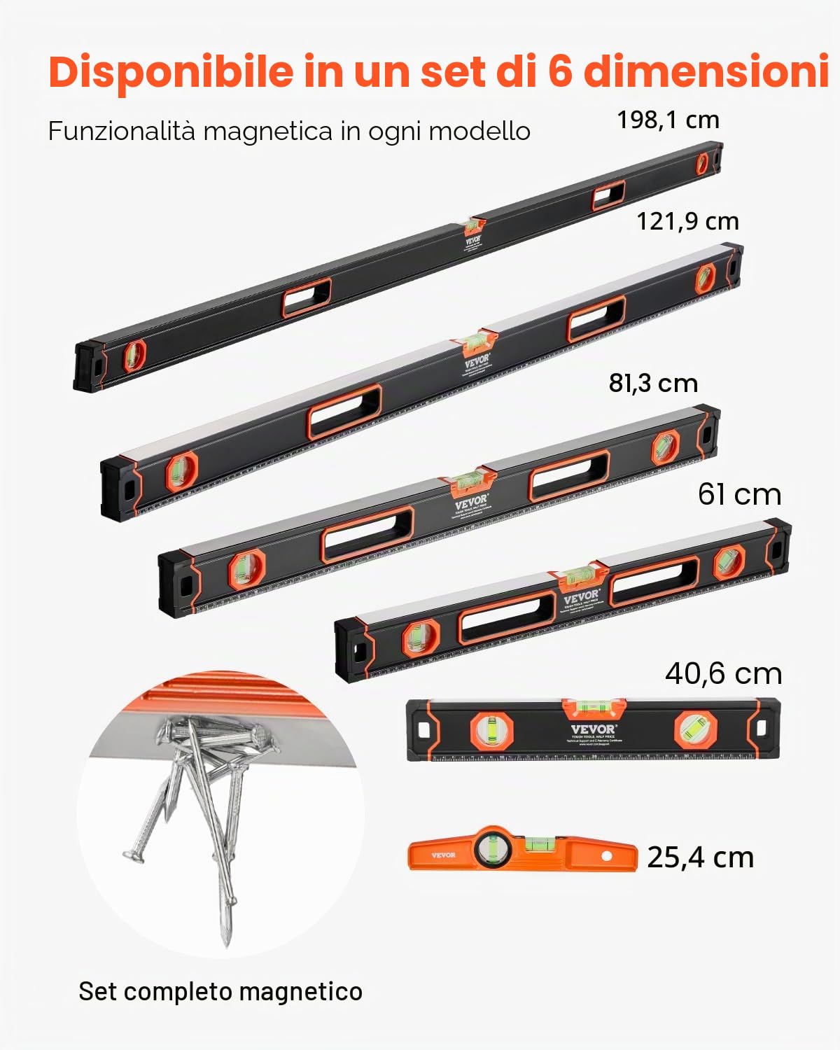 VEVOR 6 Pezzi Torpedo Level, 250/400/600/800/1200/2000 mm, Tutti i Set di Livelli Magnetici, Righello per Fiale a Bolla 45/90/180 Gradi, Strumento Magnetico per Scatole in Lega di Alluminio