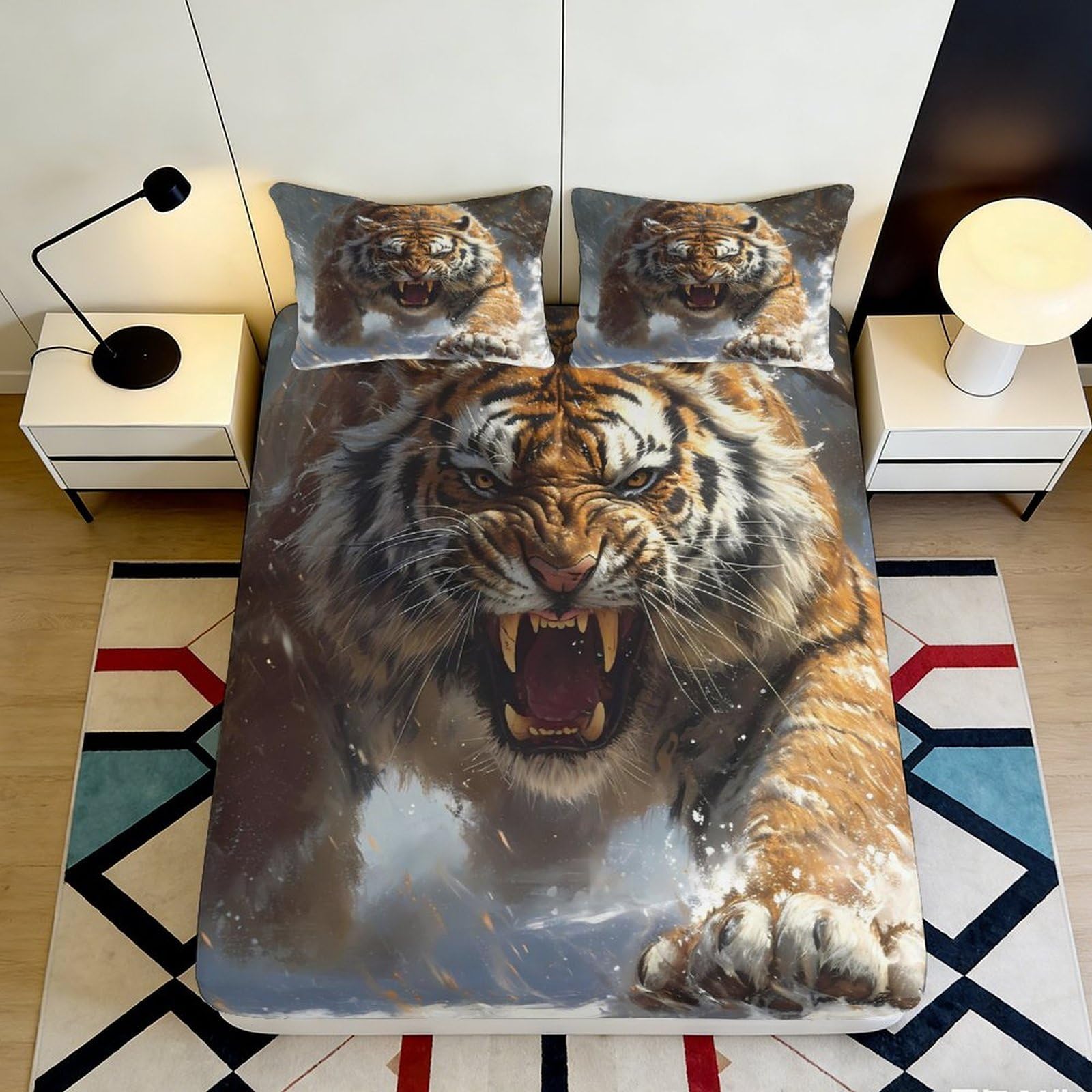 3D Printed Fierce Tiger Fitted Sheet Microfiber Soft Breathable Wild Animal Bed Cover for Bedroom Dorm Decor 90x200x25cm