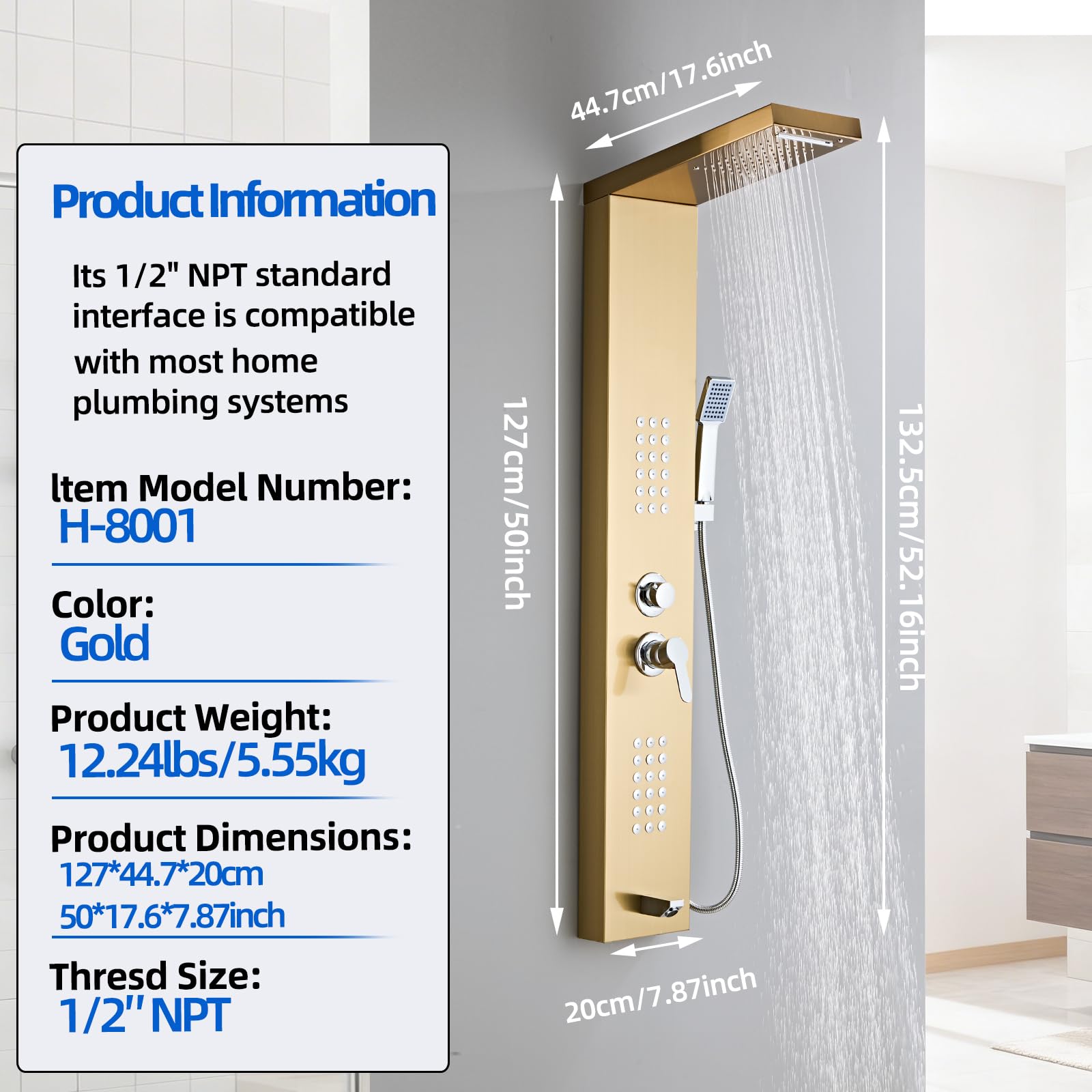 Luxury Shower Panel Tower - 5-in-1 Rainfall & Massage -6