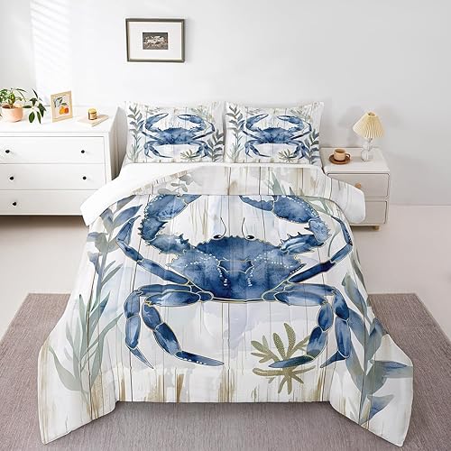 Miniatura 6 de Erosebridal Juego de edredón de cangrejo tamaño King, juego de ropa de cama con acuarela, vida marina, animales salvajes, edredón de plumón azul y