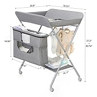 Vista 2 de Portable Baby Changing Station with Adjustable Height - Foldable Diaper Table with Wheels,Waterproof Pad, Safety Belt & Large Storage Racks, Ideal