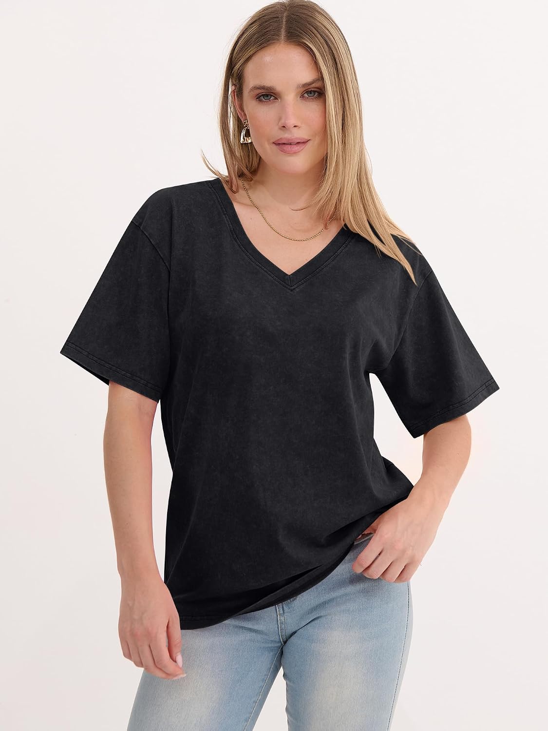 ANRABESS Womens Oversized Acid Washed T-Shirt Short Sleeve Vintage Casual V Neck Tops 2026 Summer Basic Tee Trendy Clothes