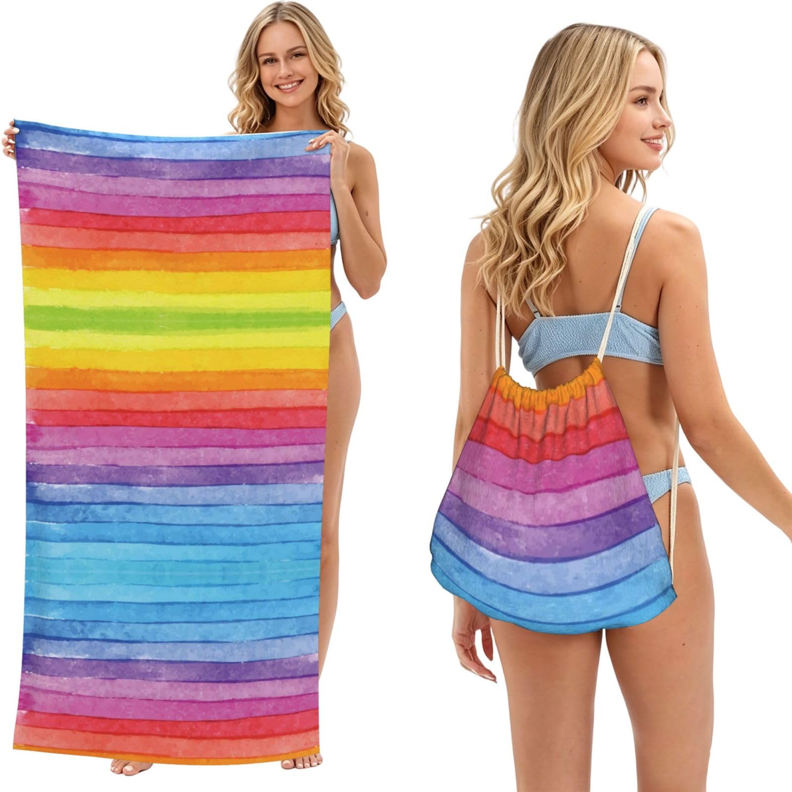 SATUSA Colorful Rainbow Stripe Print 2-In-1 Foldable Beach Towel Backpack â€“ Camping, Yoga And Travel,Bath Towel With Built-In Storage, Convertible Beach Mat & Carry Bag