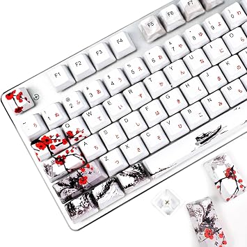 MOLGRIA Keycaps 110 Set for Full Size Mechanical Keyboard, Custom PBT OEM Profile Key caps Japanese Font with Keycap Puller for Cherry MX 104/87/71/61 60 Percent KeyboardPlum Blossom