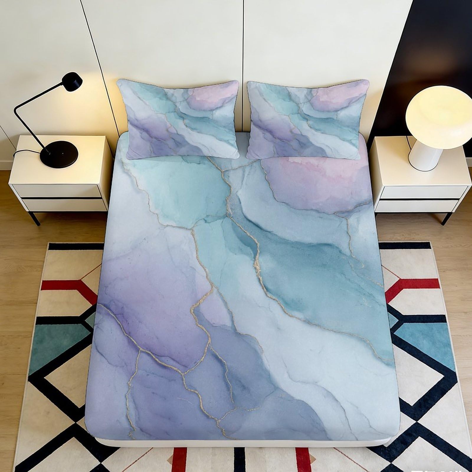 3D Printed Marble Pattern Fitted Sheet Microfiber Soft Breathable Abstract Colorful Bed Cover for Bedroom Dormitory Guest Room Mattress Protection 200x200x25cm
