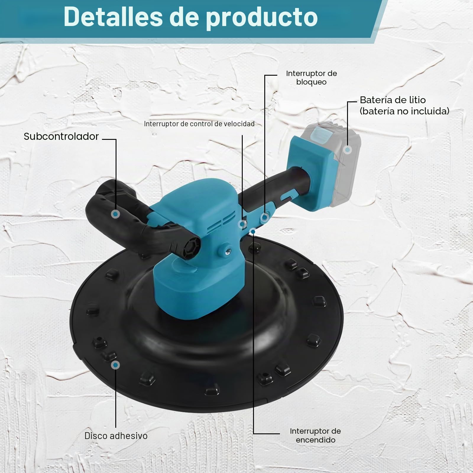 Máquina eléctrica alisadora de pared, máquina de acabado de mortero de pared inalámbrica, paleta eléctrica para alisar y pulir paredes, 6 velocidades variables con interruptor (batería no incluida)