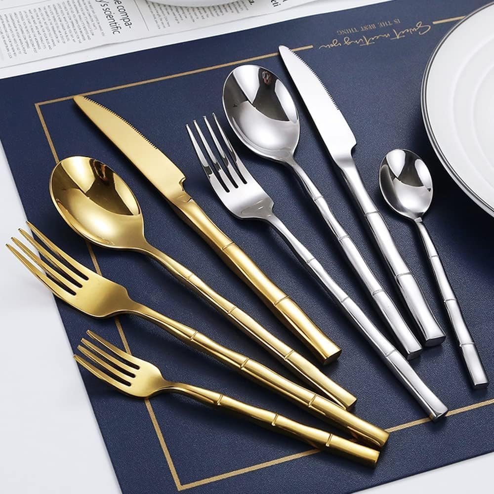 40 piece gold bamboo cutlery, bamboo flatware set for 8, 18/8 stainless steel silverware set, utensils for eating, reusable daily use, dishwasher safe