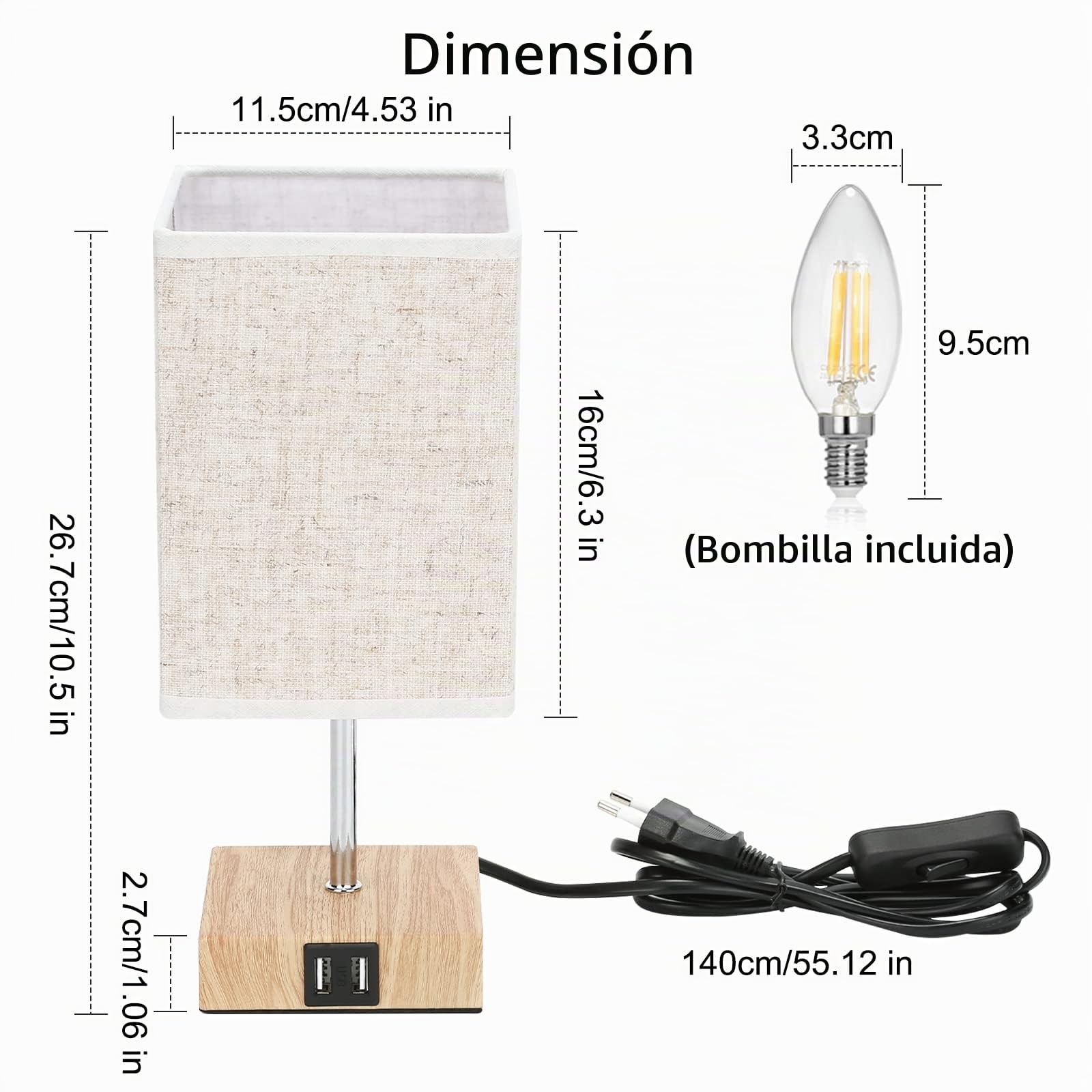 Lightess 2 Piezas Lámparas de mesa USB Touch Regulables Modernas con Base de Madera Lámpara de Noche Retro Pantalla de Tela con Bombilla E14 Blanco Cálido Para Sala de Estar Dormitorio Mesa, Beige | Lámpara noche retro regulable por touch USB, blanco cáli
