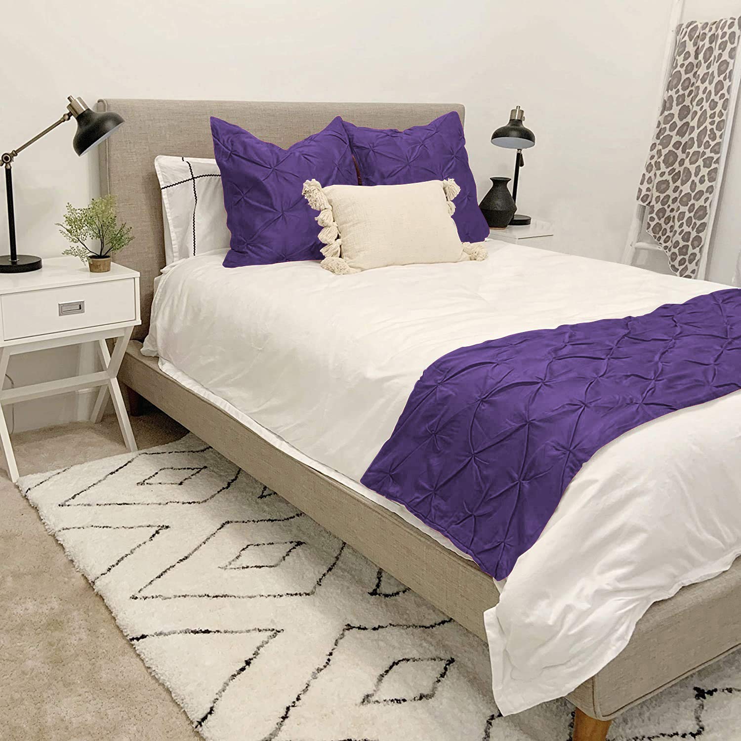 Queen Size 800 TC 3 Piece Pinch Pleated Bed Runner 1 Bed Runner 2 Euro Shams Purple Solid