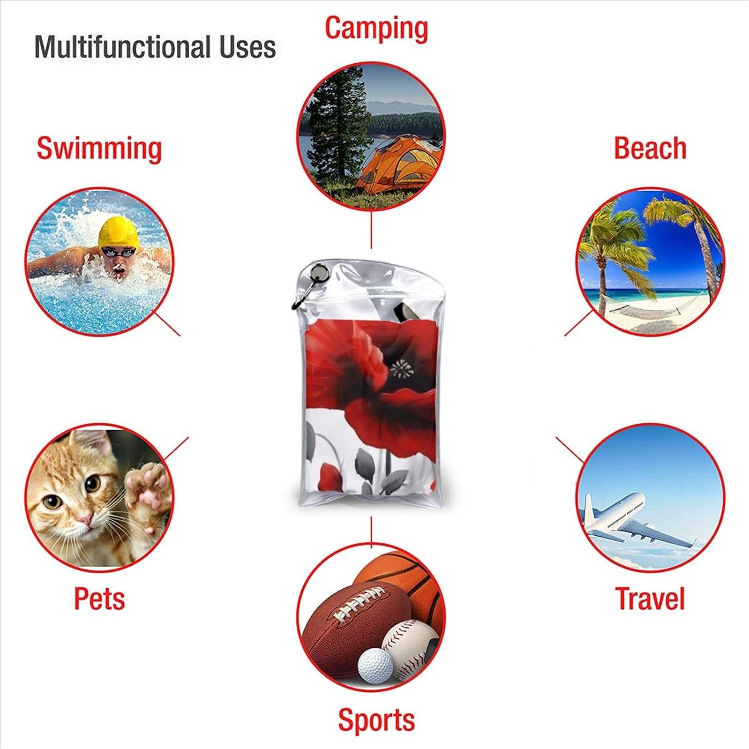 Red Flower Print Quick Dry Towel with Hanging Loop and Storage Bag for Travel, Gym, Camping