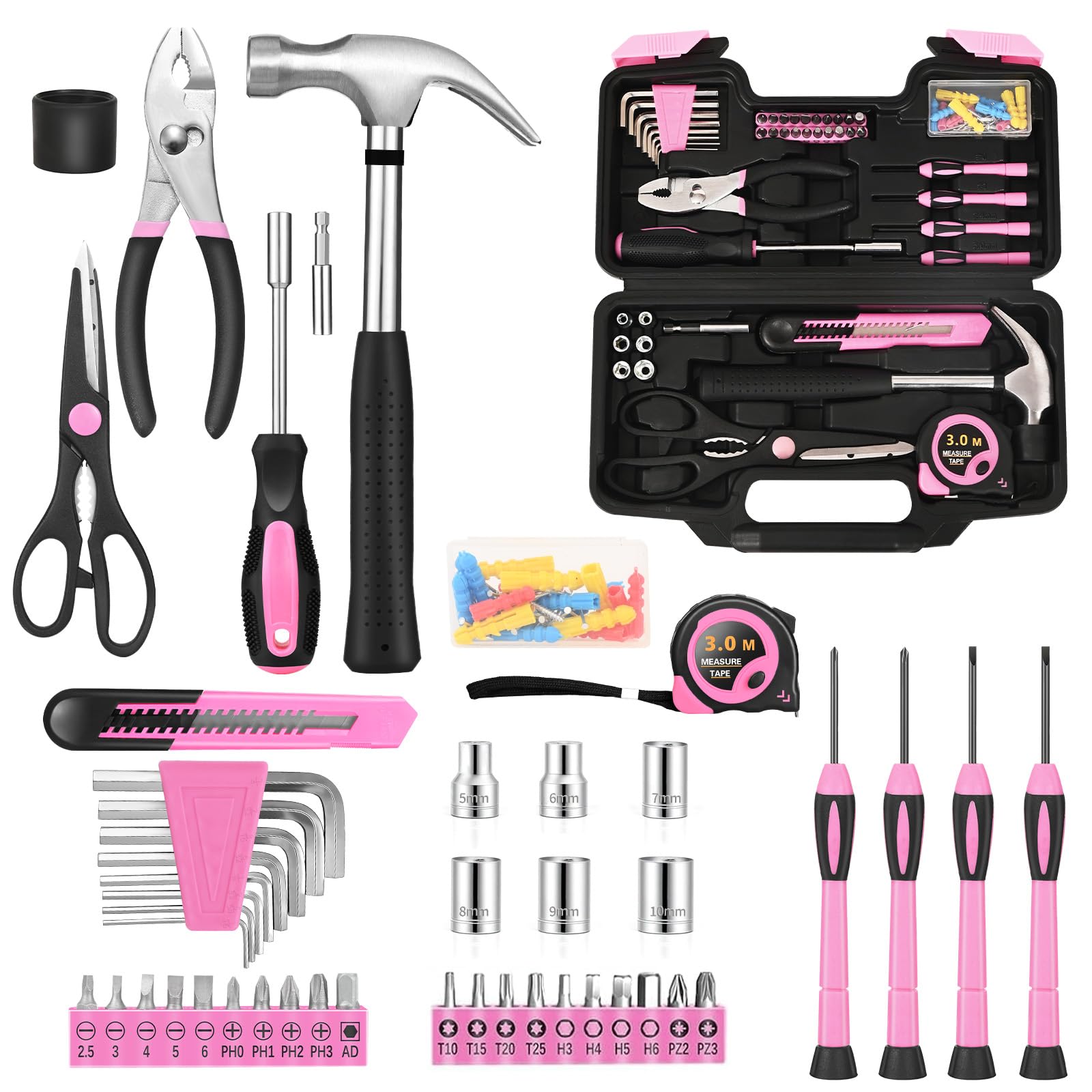 HANGYING 132-Piece Home Tool Kit for Women with Plastic Toolbox Pink