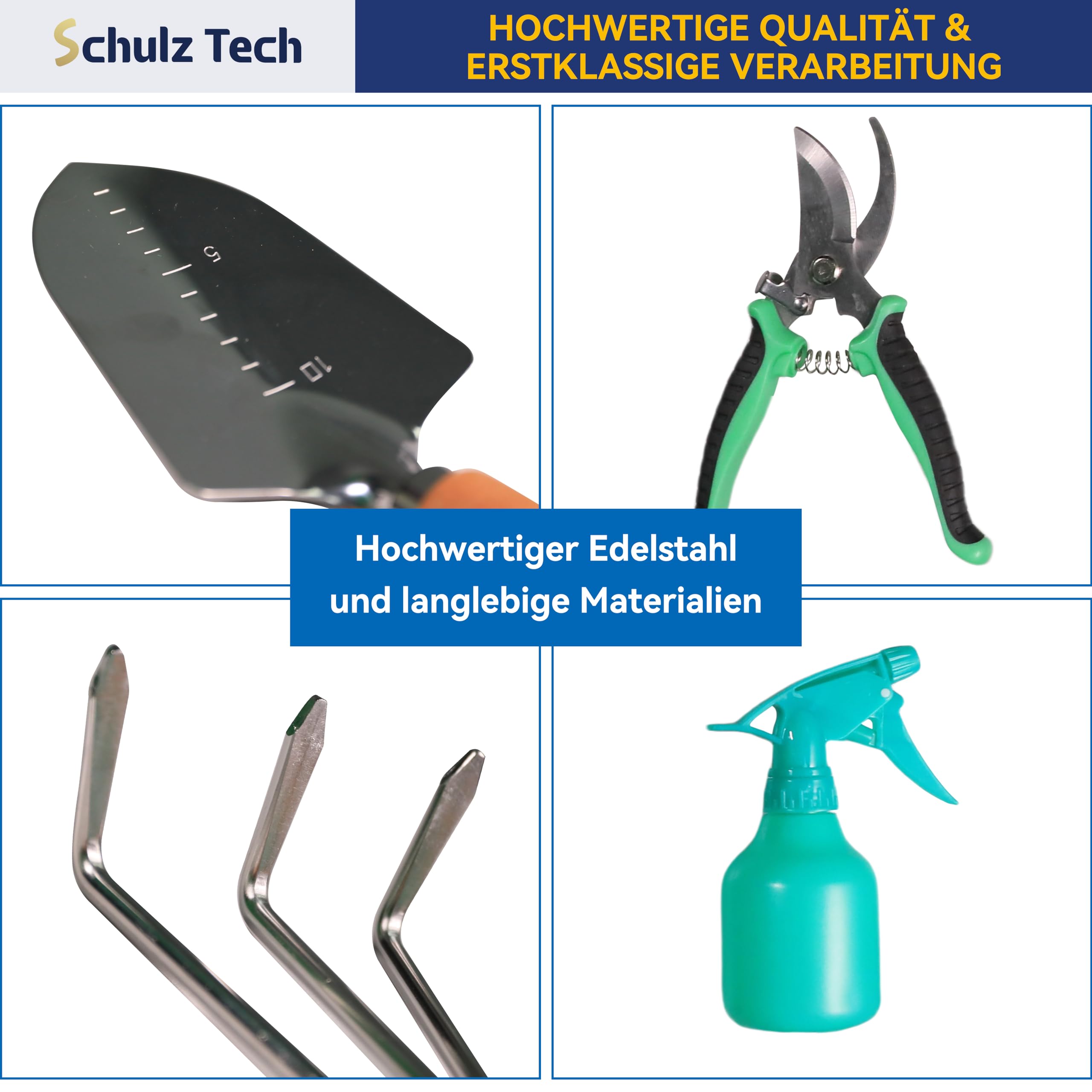 Gartenwerkzeug Set 9-teilig, Edelstahl Gartengeräte mit Aufbewahrungstasche, Gartenschere, Sprühflasche, Gartenhandschuhe, Unkrautstecher, für Gartenarbeit, Balkon, Geschenk für Gärtner