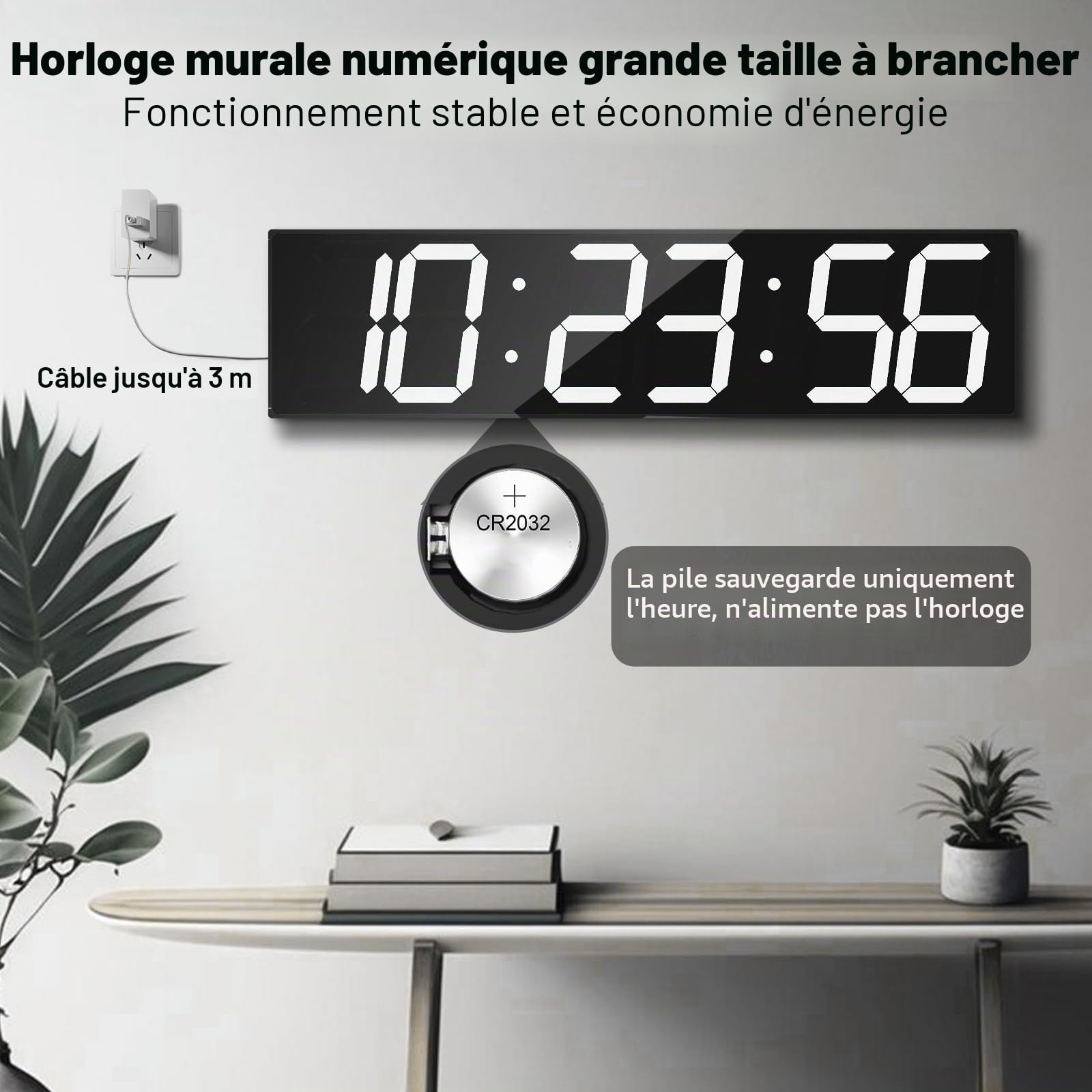 CHKOSDA Horloge Murale numérique, avec variateur d'intensité, Grand Compte à rebours avec télécommande, écran LED de27.5in de Large, 6 Chiffres, Support Mural, Date et température （Blanche）