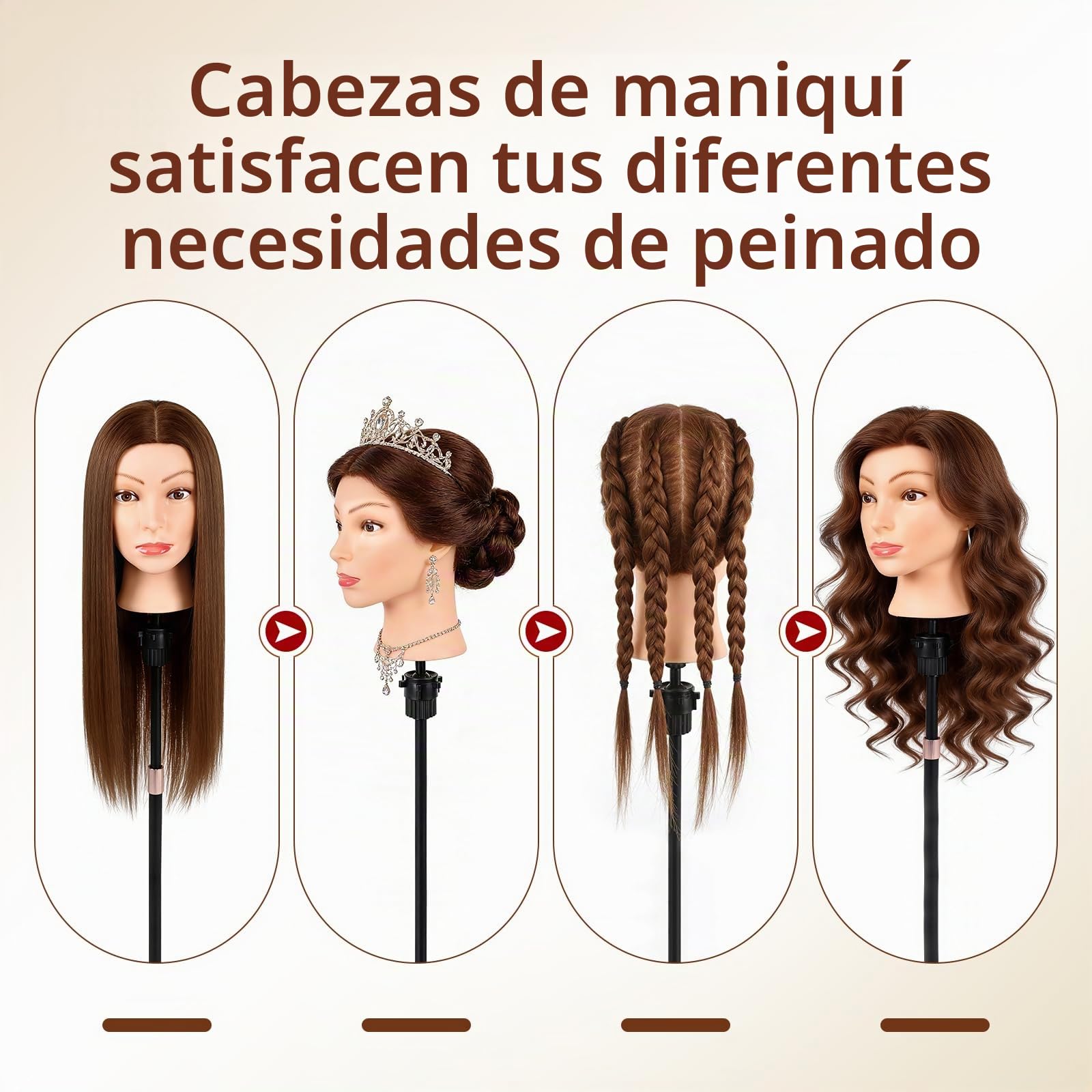 Cabeza de Maniquí de Peluquería con Pelo Natural 100%, TopDirect 22"/55cm Maniqui Pelo Natural de Cabello Humano Real Cosmetología para Peluquería con Soporte y Accesorios de Peinado (Marrón oscuro)