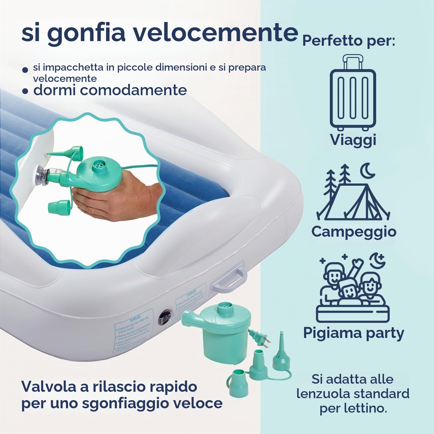 hiccapop Lettino gonfiabile da viaggio con paracolpi di sicurezza [4 lati], lettino portatile per bambini, materasso ad aria per bambini, blu navy