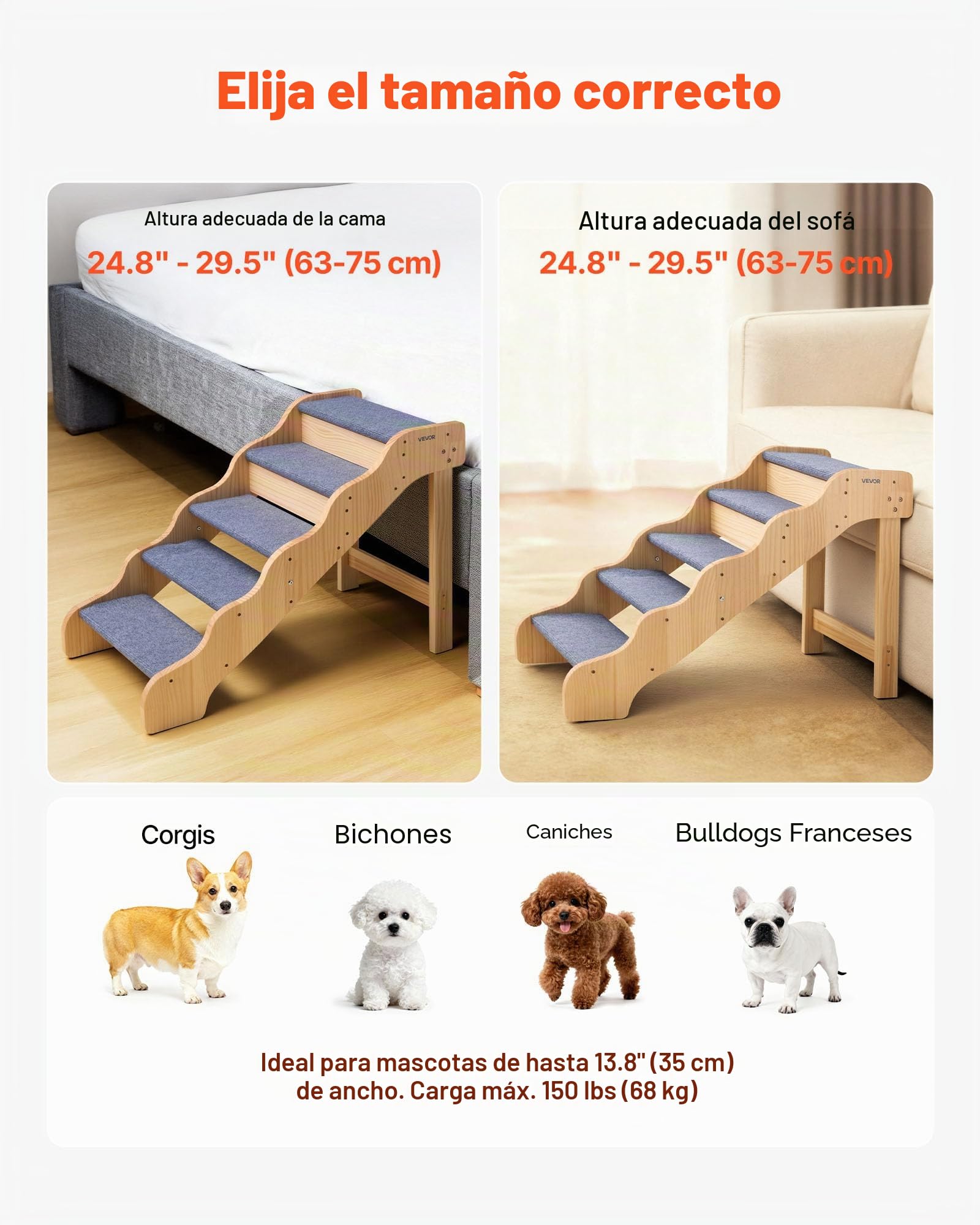 VEVOR Escalera para Perros de 910 x 430 x 630 mm, 5 Peldaños, de Madera, para Mascotas Pequeñas, Medianas, Grandes y Mayores, Así como para Cachorros de hasta 68 kg, para Camas, Sofás y Coches