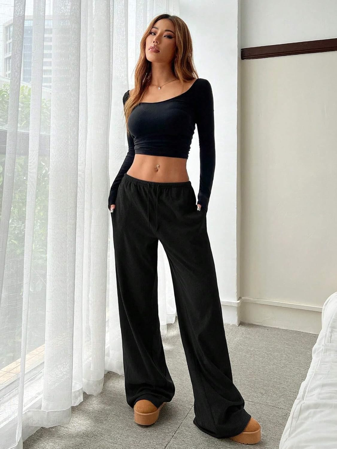 ZAFUL Wide Leg Sweatpants Women Y2k Low Waist Straight Baggy Pants Casual Drawstring Workout Toursers with Pockets - Image 5
