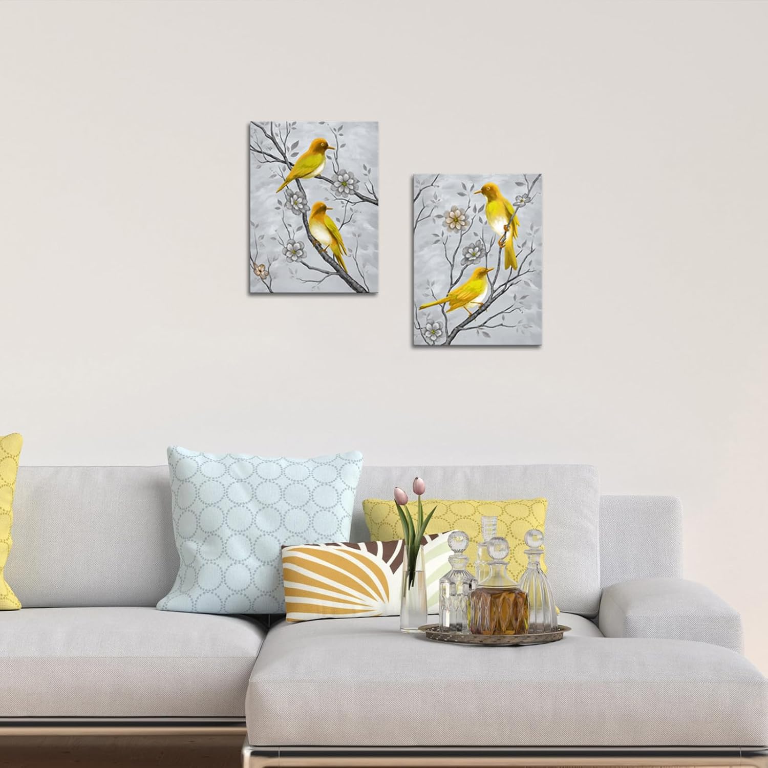RyounoArt Yellow and Grey Wall Art Bird Pictures Gray Yellow Canvas Paintings for Kitchen Bathroom Wall Decor Ready to Hang 12 * 16 inch Each - Image 3