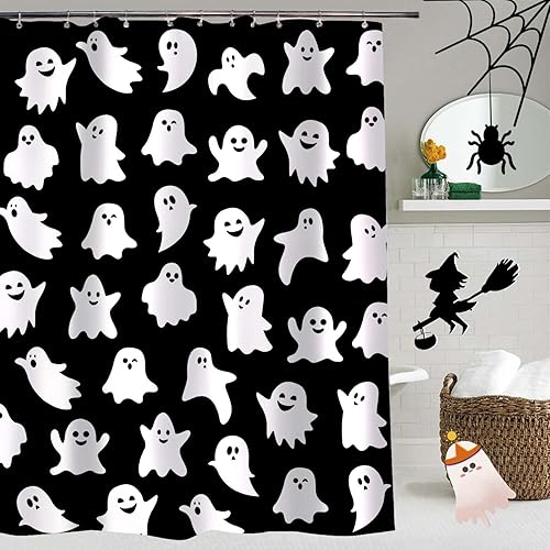 Miniatura 2 de Metawu Cortina de ducha de Halloween, juego de cortinas de ducha de fantasma, cortina de baño espeluznante para niños, lavable e impermeable,
