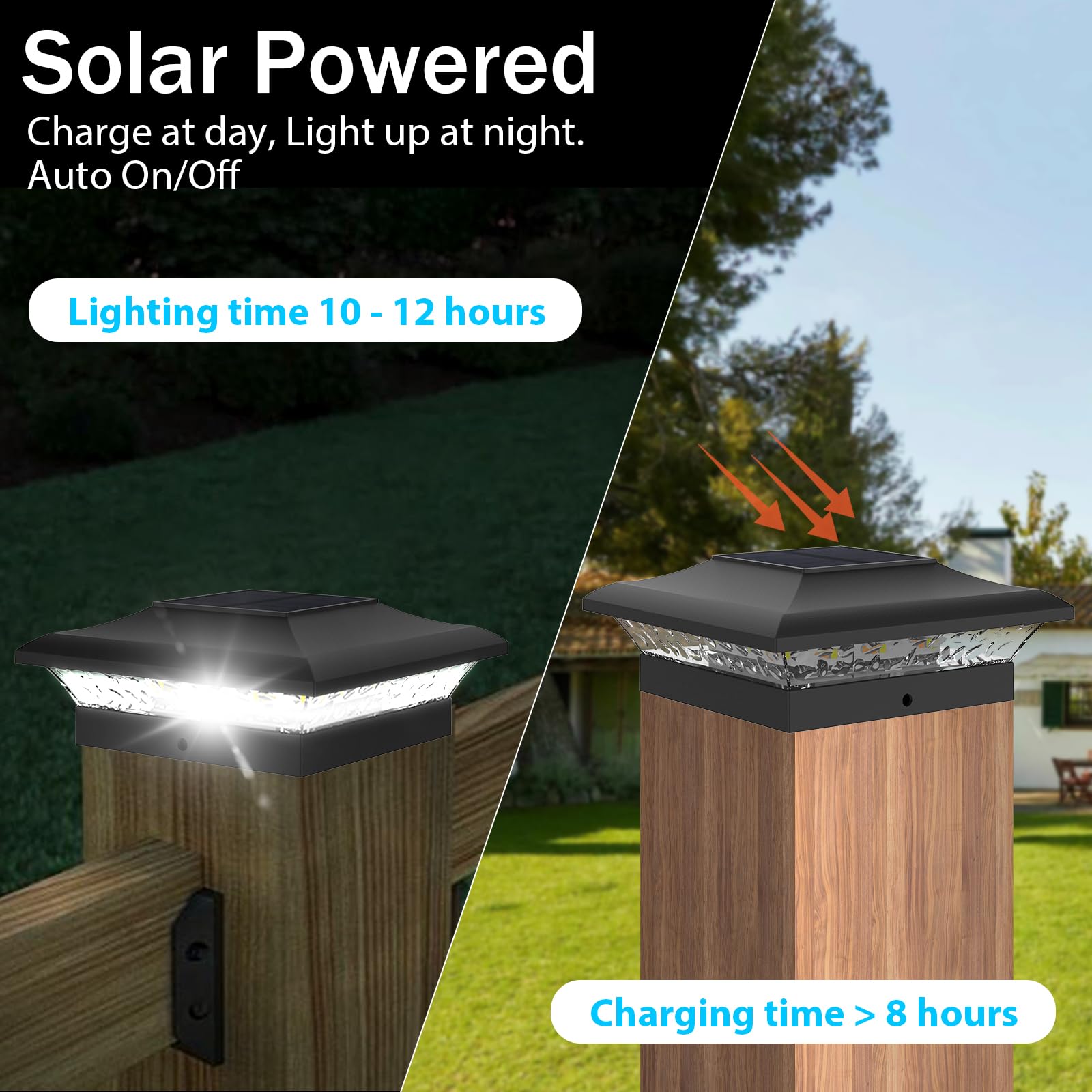 Lot de 6 lampes solaires pour poteau - 2 modes - Capuchons de poteaux solaires d'extérieur - Capuchons de poteaux solaires étanches - Pour poteaux en bois de 9 x 9,10 x 10 cm - Pour jardin