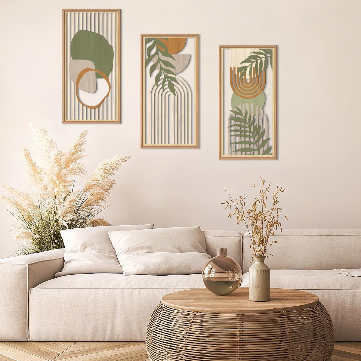 IARTTOP Boho Mid-century Modern Wood Wall Art 8x16 Inch Framed Green Bohemian Abstract Wooden Wall Decor Set of 3 Minimalist Geometric Leaf Artwork for Living room Bedroom Office
