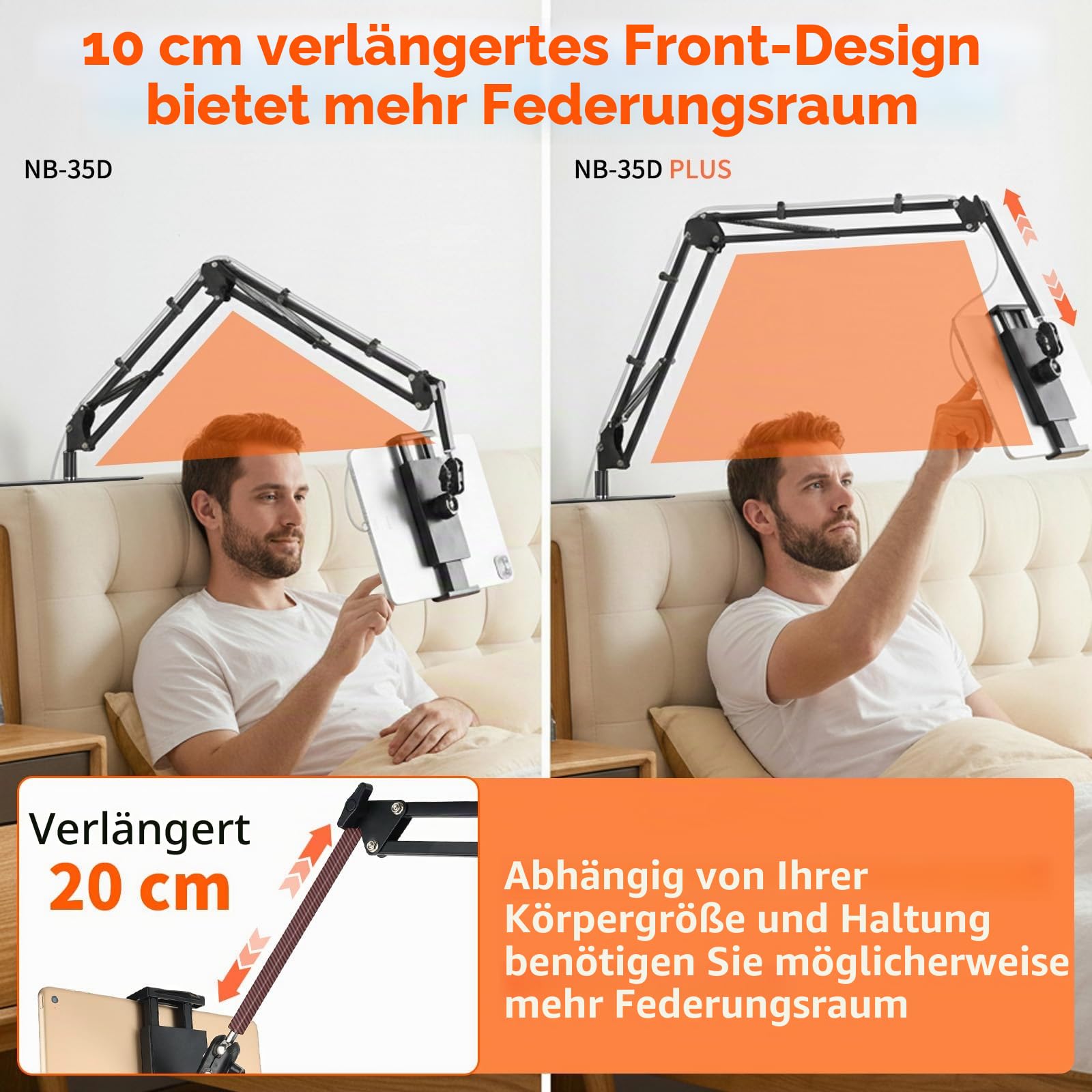 Hand Frei Tabletstablet Halterung für Bett und Sofa mit Verstellbar Langen Arm - Faltbar Metall Ständer für Kindle, Tablets, iPad und Handy, Verstecktes Design,Keine Schäden an Möbeln (NB-35D Plus)