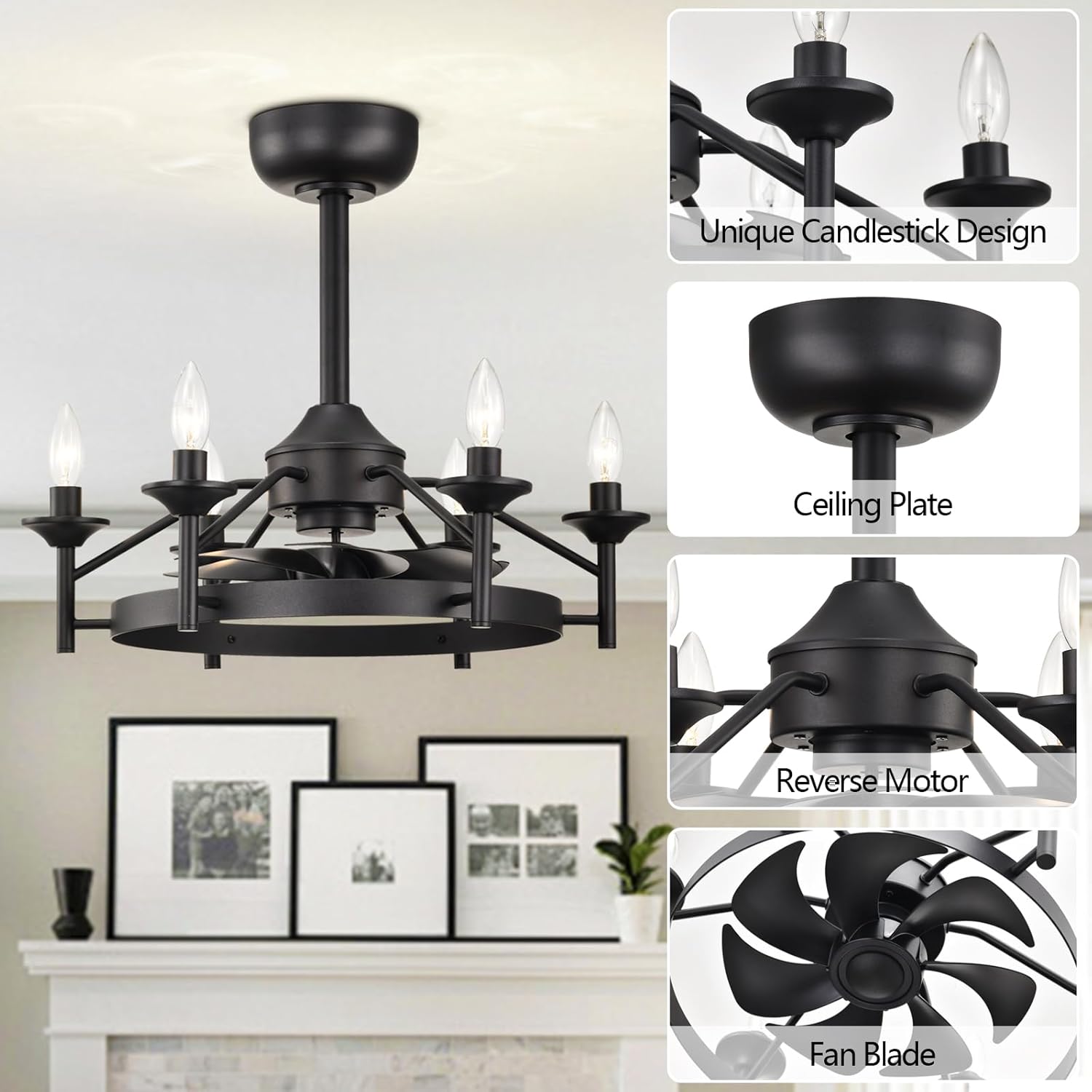 Maxax 21” Ceiling Fan with Lights and Remote, Modern Farmhouse Fan Light for Living Room,Caged Ceiling Fan with Light, Black Rustic Chandelier Candles, Reversible (Bulbs Not Included)