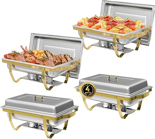 Miniatura 19 de Juego de 4 platos de bufé de roce de acero inoxidable de 8 cuartos de galón rectangulares y calentadores de buffet para catering, con bandeja