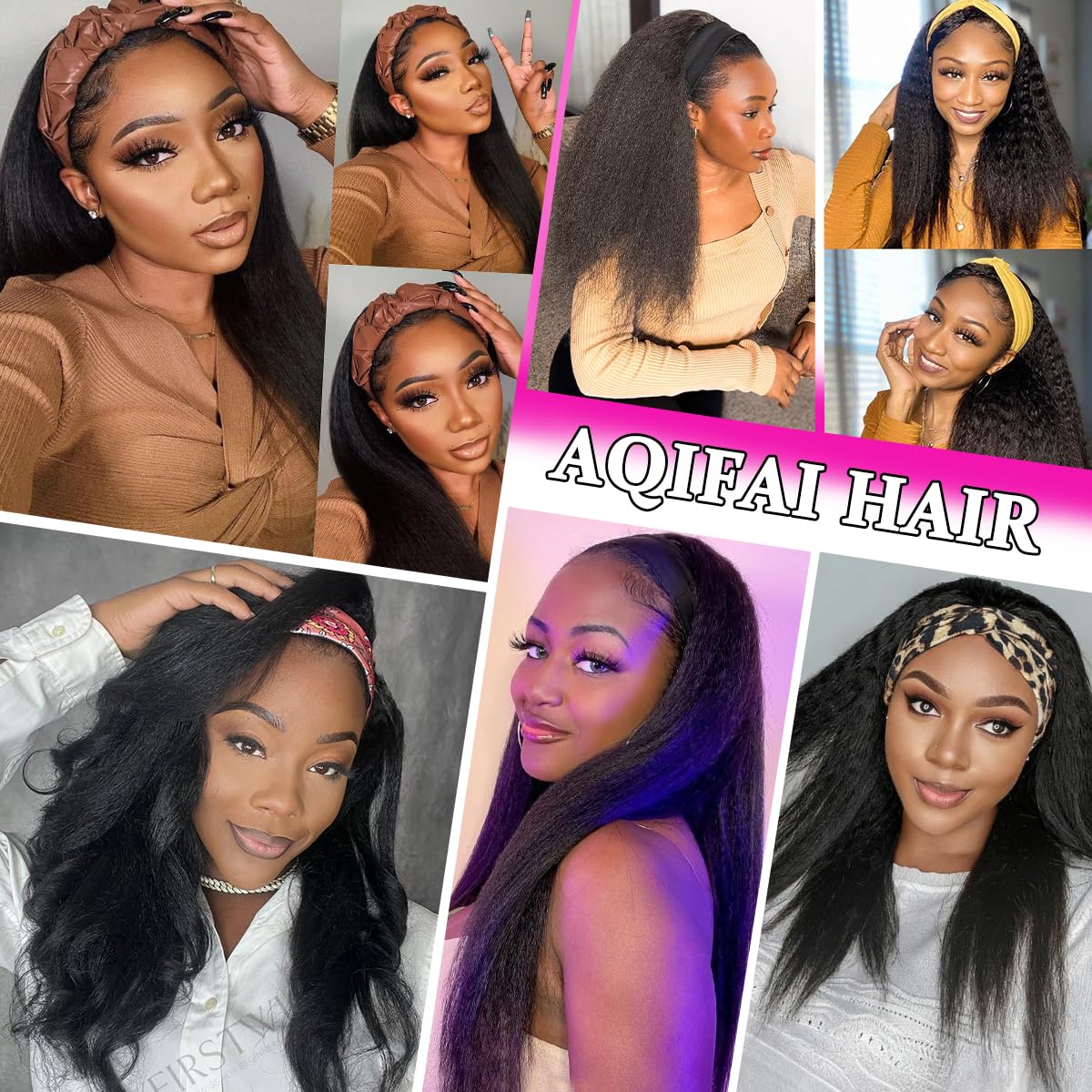 Kinky Straight Headband Wig Human Hair 12A Kinky Straight 16 Inch Yaki Straight Headband Wig 200 Density Real Human Hair Glueless None Lace Front Wigs for Women Natural Color