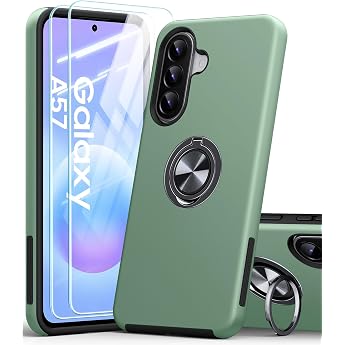 AOUIA For Samsung Galaxy A57 5G Case with 2 Pieces Tempered Glass Military Shock Protection Samsung A57 5G Case with 360  Rotating Ring Kickstand Mobile Phone Case for Samsung A57 5G Alpine Green