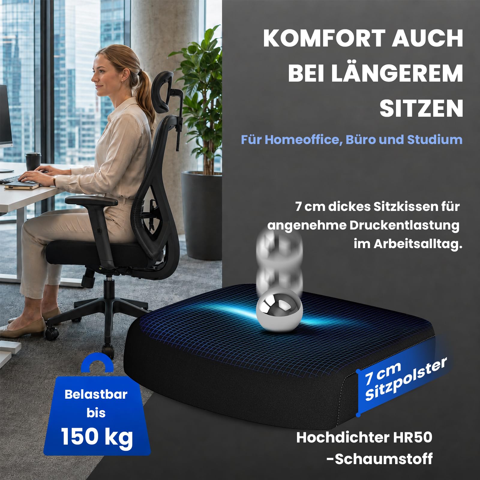Bürostuhl ergonomisch, Schreibtischstuhl mit Kopfstütze, Lordosenstütze und höhenverstellbaren Armlehnen, Drehstuhl mit 90°-130° Wippfunktion, Netzstuhl bis 150 kg für Homeoffice