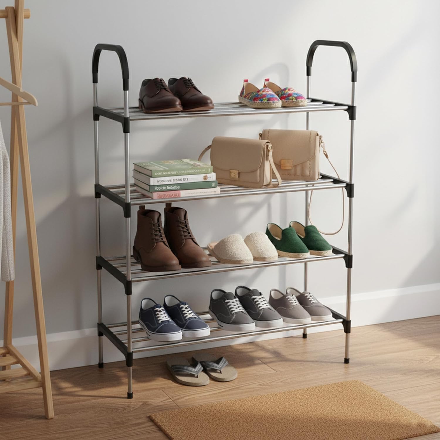 Wings Star Multi-Purpose Shoe Rack Organizer – Heavy Duty Stainless Steel & Plastic Storage Shelf for Shoes, Books, & Plants – Lightweight, Space Saving Free Standing Unit (Black) (4 Layer)
