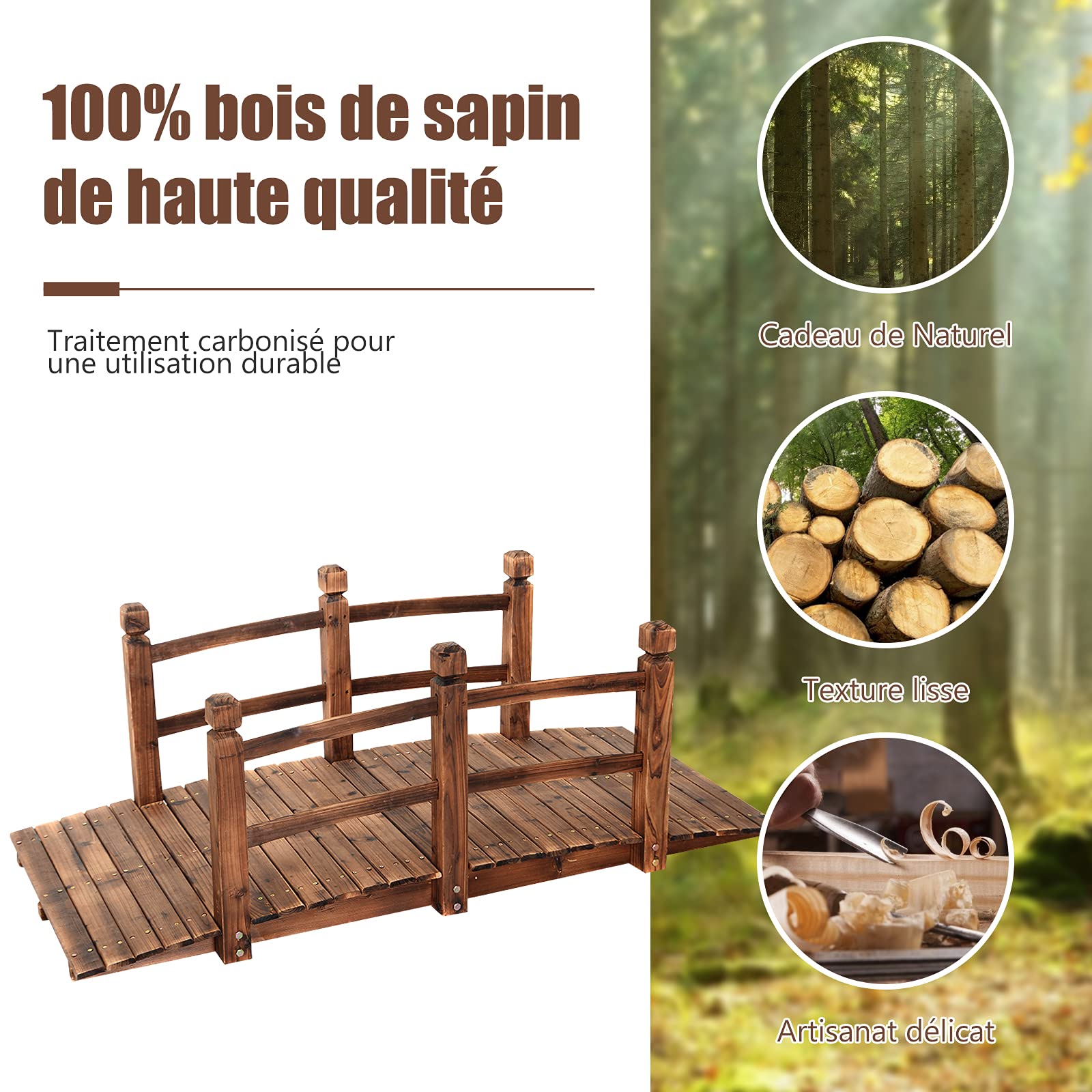 GOPLUS Pont en Bois Rustique et Massif avec Main Courante, Décoration de Jardin Pont d'Étang, Supporte de Poids Maximum 100 KG, 150 x 67 x 55CM (Brun)
