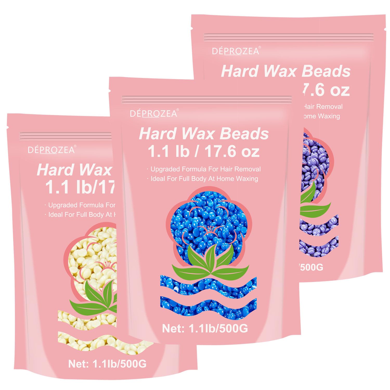 1.1lb Cream & 1.1lb Azulene & 1.1lb Lavender, Pack of 3 DEPROZEA Hard Wax Beads for Painless Hair Removal on Sensitive Skin, Ideal for Full Body, Facial, Eyebrow, Brazilian Bikini, and Legs for Women
