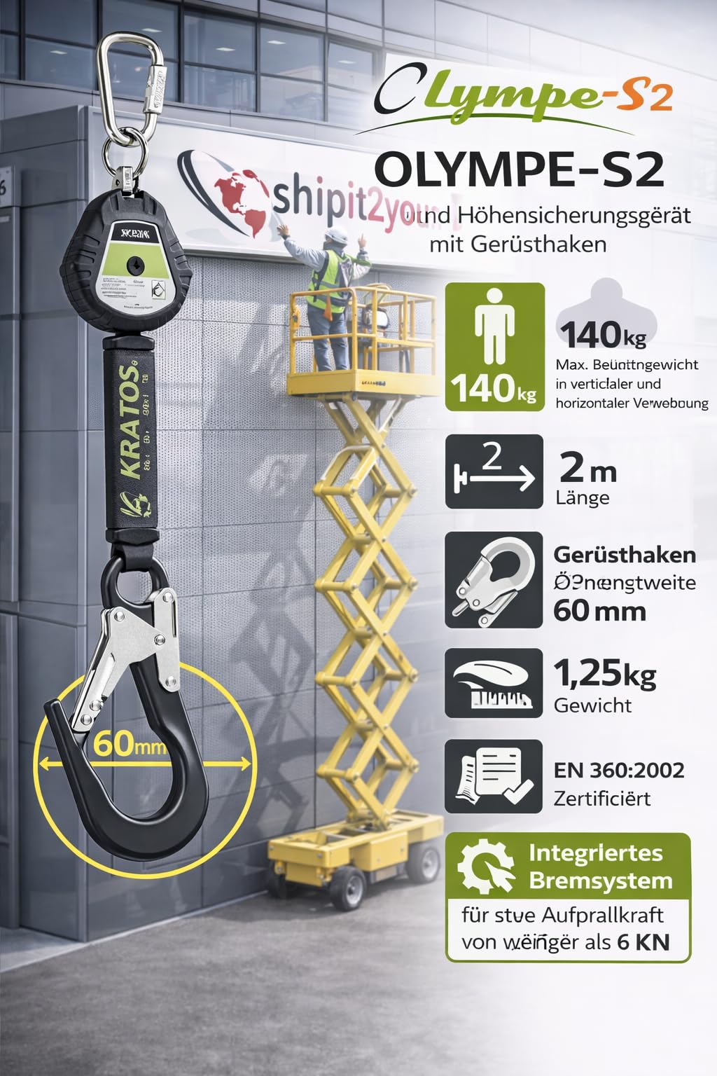 Kratos Safety Olympe-S Gurtband, Höhensicherungsgerät mit Gerüsthaken, Bandfalldämpfer und integriertem Bremssystem, Fallfaktor 2, Länge 2 m, EN360, PSA
