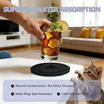BXI 5.3 Inch Large Felt Coasters for Drinks, 6 Pcs 0.4 Thick Black Absorbent Cup Mats, Soft Silent Table Insulation Mug Placemats, Non-Stick Housewarming Gift Pads Coffee Trivets for Desk Bar