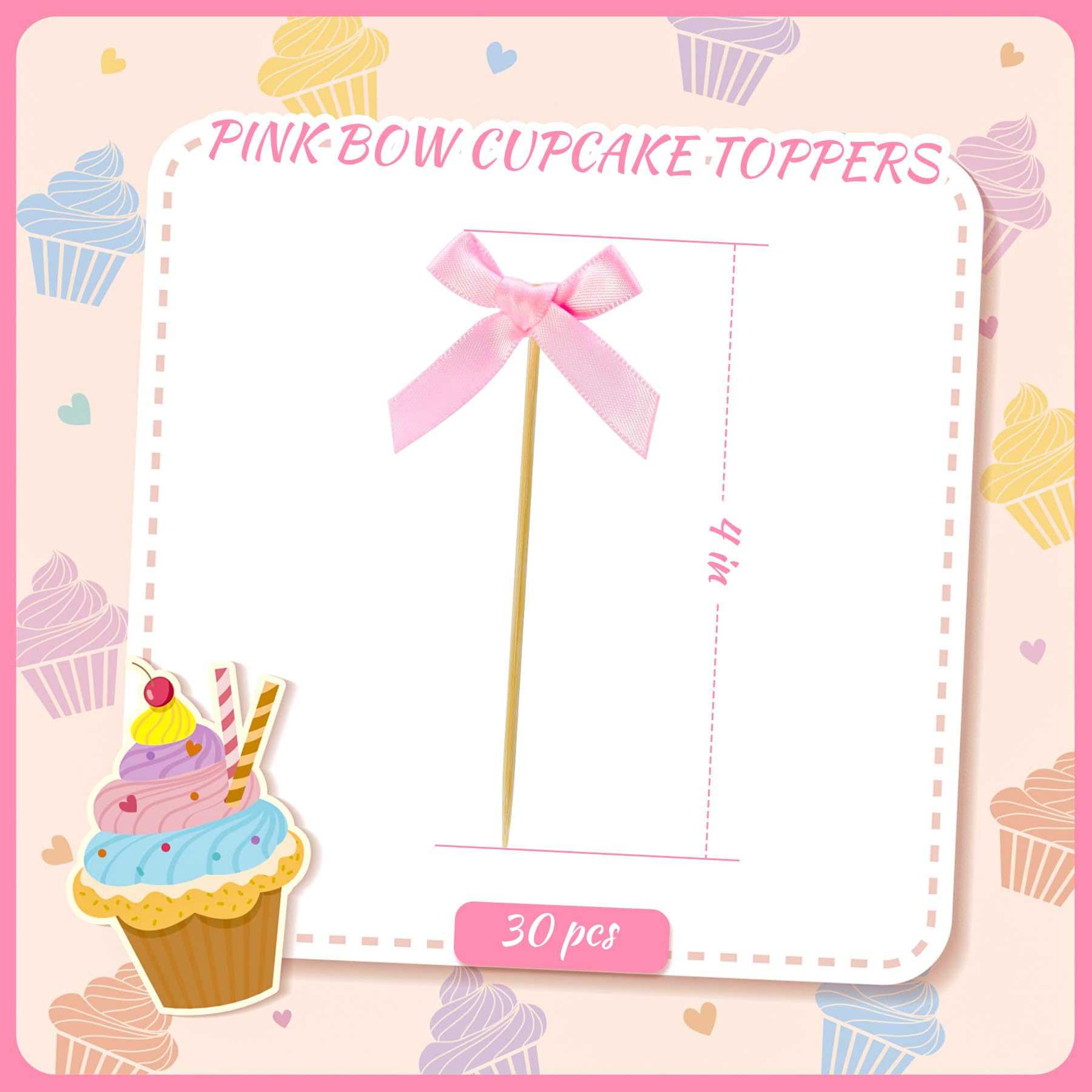 30 Pcs Pink Bow Cupcake Toppers Bow Themed Party Decorations Baby Shower Cupcake Picks for Bridal Baby Shower Girls Birthday Wedding Party Cake Decorations (pink)