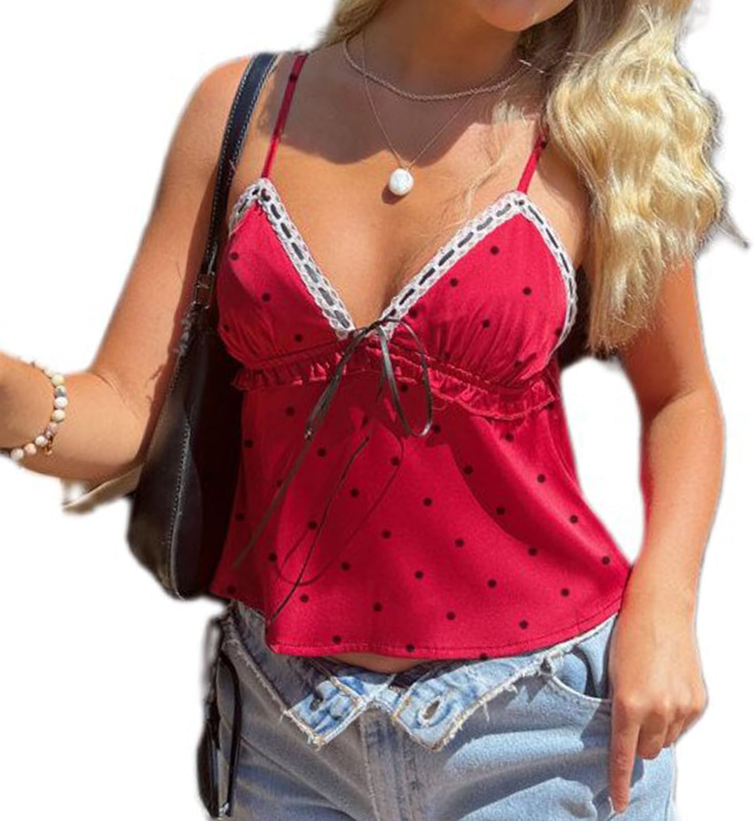Women's Polka Dot Y2k Cami Tank Tops Lace Trimed Patchwork Sleeveless Deep V Neck with Bow Vest Going Out Camisoles