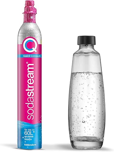SodaStream Paquete de repuesto QC con 1 cilindro de CO2 de conexión rápida, rendimiento 60 L, 1 botella de vidrio de 1 litro, rosa, 10.8 x 6.3 x