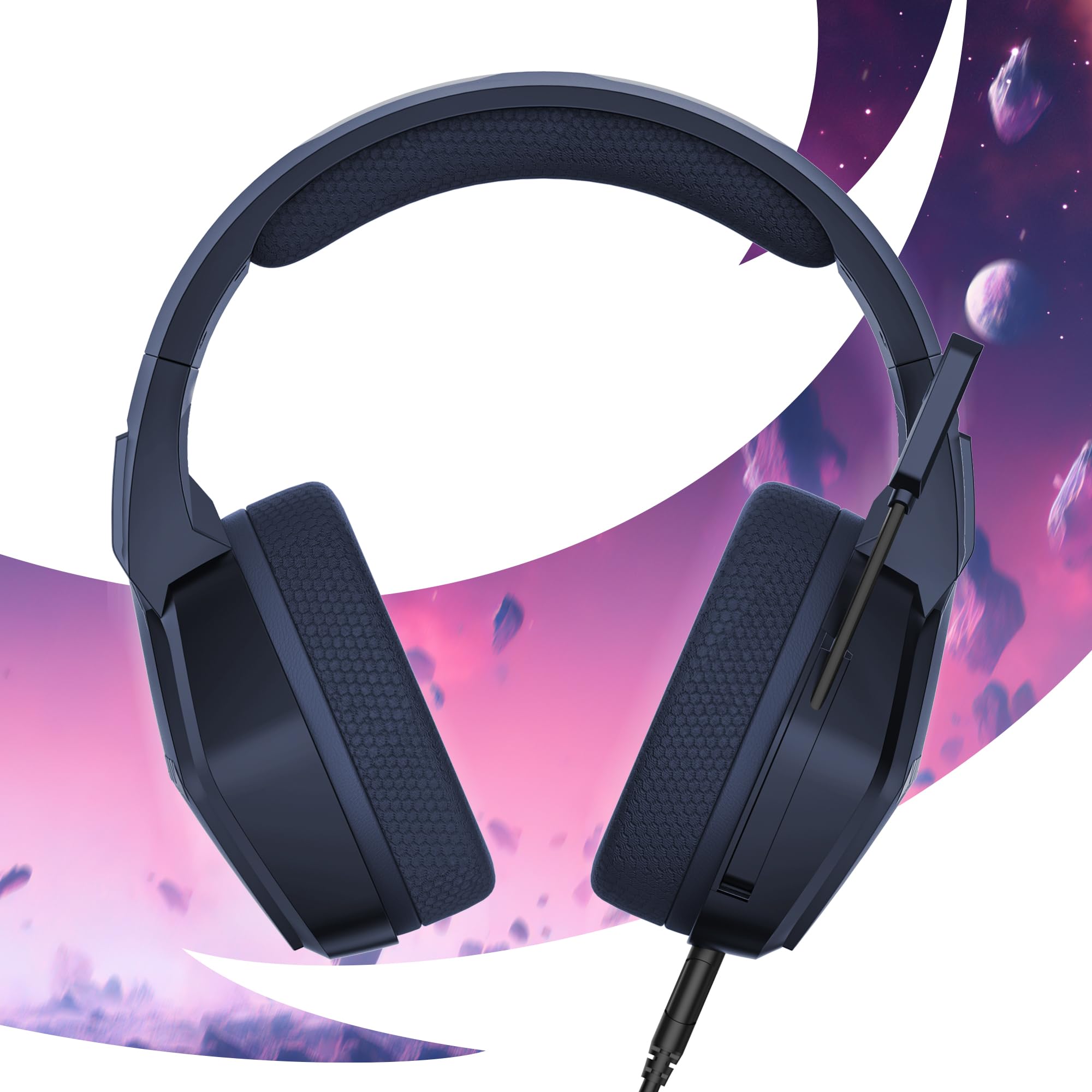 Słuchawki do gier PS5 PS4 Switch 2 Xbox PC Mac z regulowanym mikrofonem LED, głośniki 50 mm, oddychające wkładki z tkaniny - Nebula Abyss Blue Przewodowy zestaw słuchawkowy Stereo Gamer