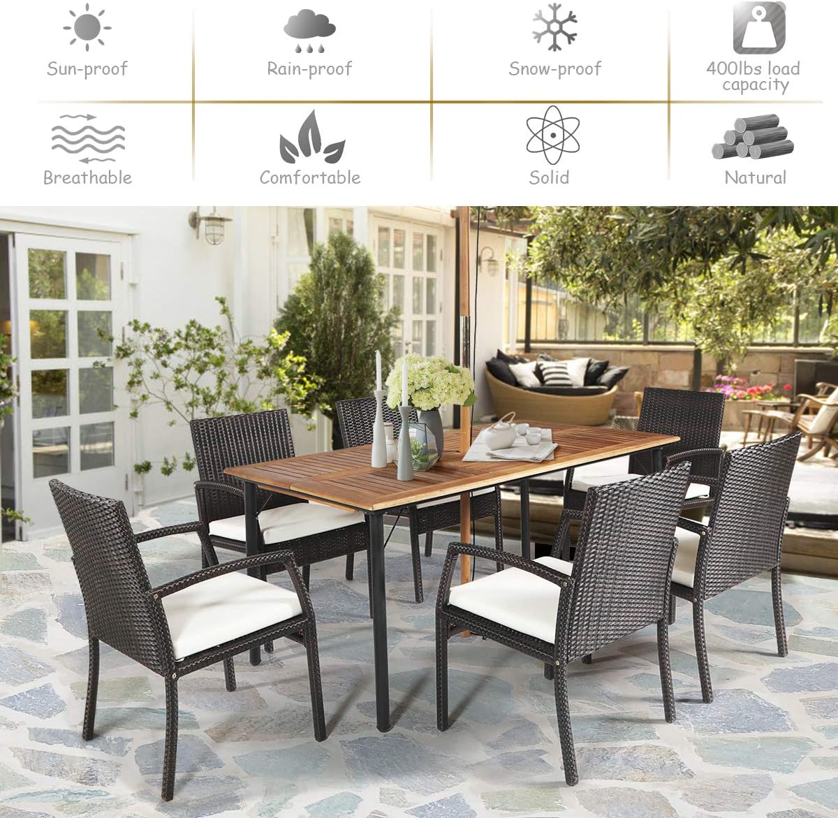 COSTWAY 7-Piece Outdoor Patio Furniture Set, Rattan Dining Table & Chairs with Cushions, Umbrella Hole & Tempered Glass Tabletop, Modern Garden Rattan Set for Backyard, Poolside, Balcony (White)