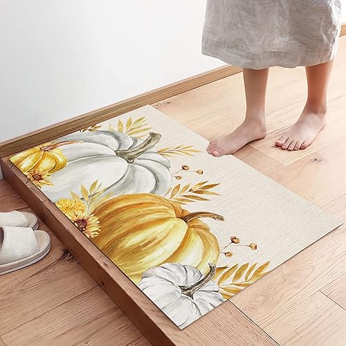 Miniatura 4 de Tapete de Acción de Gracias, tapete para puerta de otoño con diseño de girasol, calabazas blancas y doradas, tapete antideslizante para interiores,