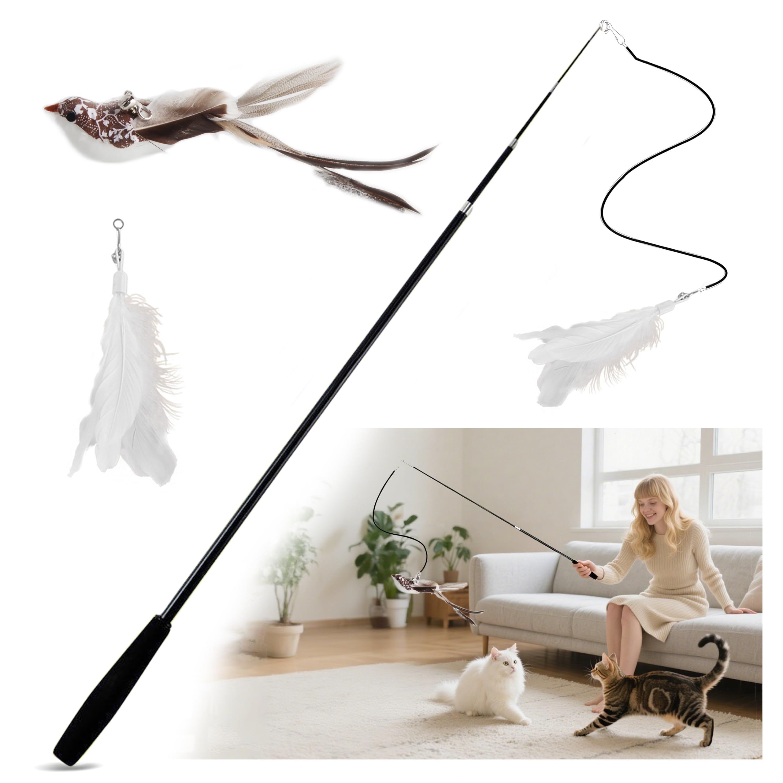 ACTOYS Giochi per Gatti in Casa, Canna Pesca Gatto, 69 inches, Giochi Gatto Interattivi, Canna Pesca Fissa Gatti (Lungo)