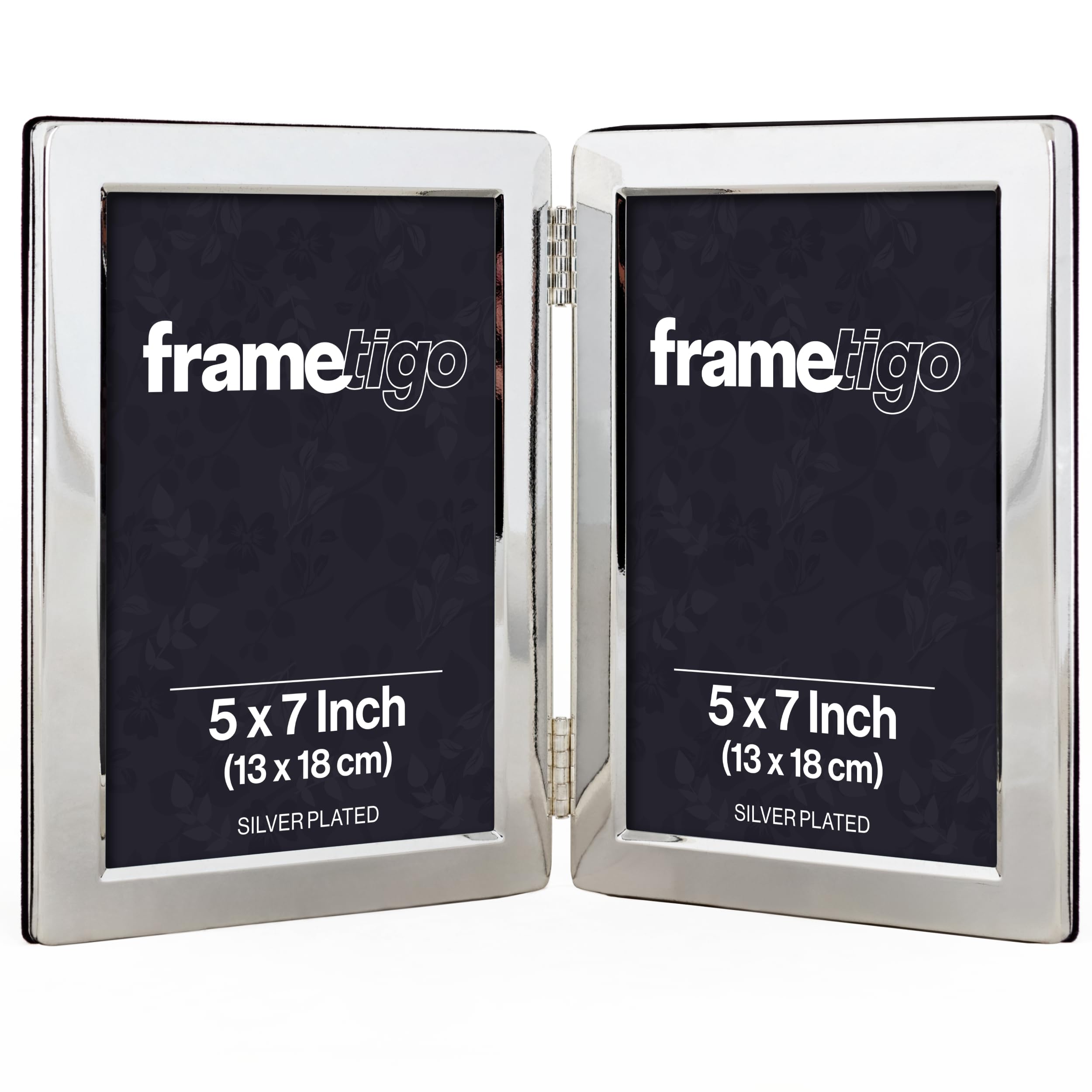 Frametigo - Silver Plated Flat Edge Double Photo Frame, 5"x7" (13x18cm) Photo Size - Portrait Orientation - Real Glass Window - Traditional Silver Picture Frames - Tarnish Resistant