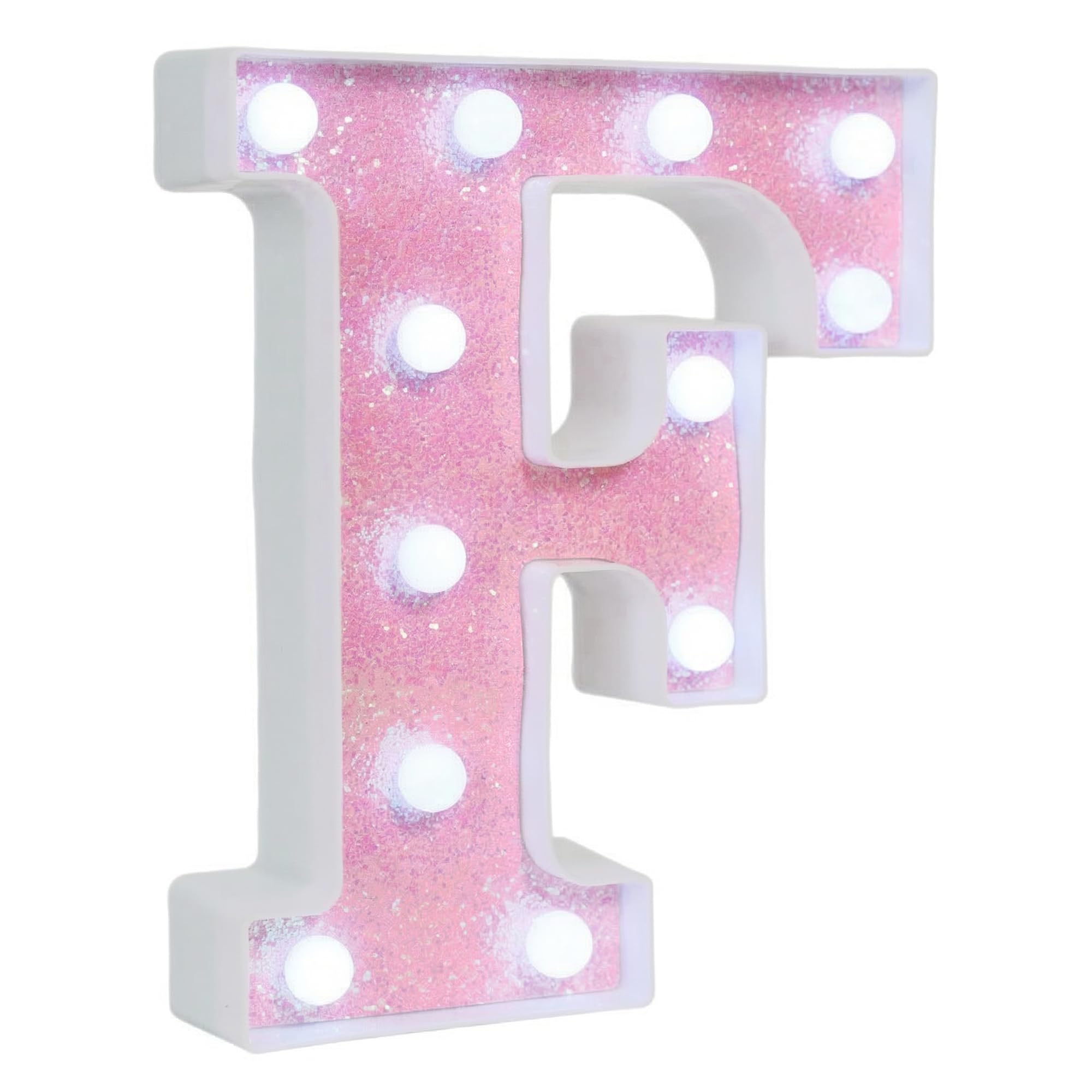 EUFONY Pink Glitter Marquee Light Up Letters, Battery Powered LED Alphabet Letter Lights Sign for Birthday Party Table Decorations, Wall Decor for Girls Room, Pink Initial Letter F w/Cool White Lights
