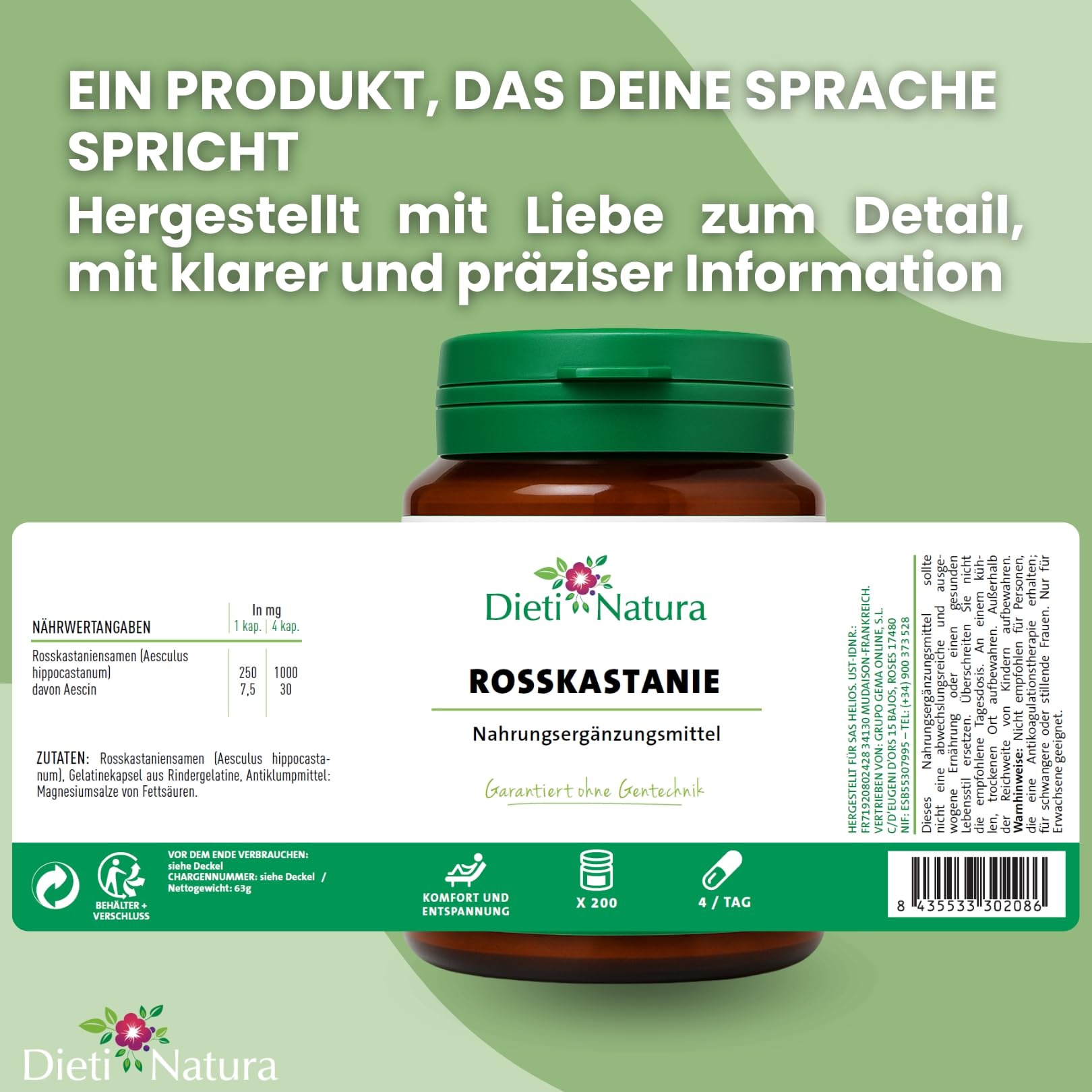 Dieti Natura Rosskastanie, natürliche Linderung für müde und schwere Beine, verbessert die Durchblutung und venöse Gesundheit, Ergänzung für Krampfadern, Schwellungen und Flüssigkeitsretention, 3
