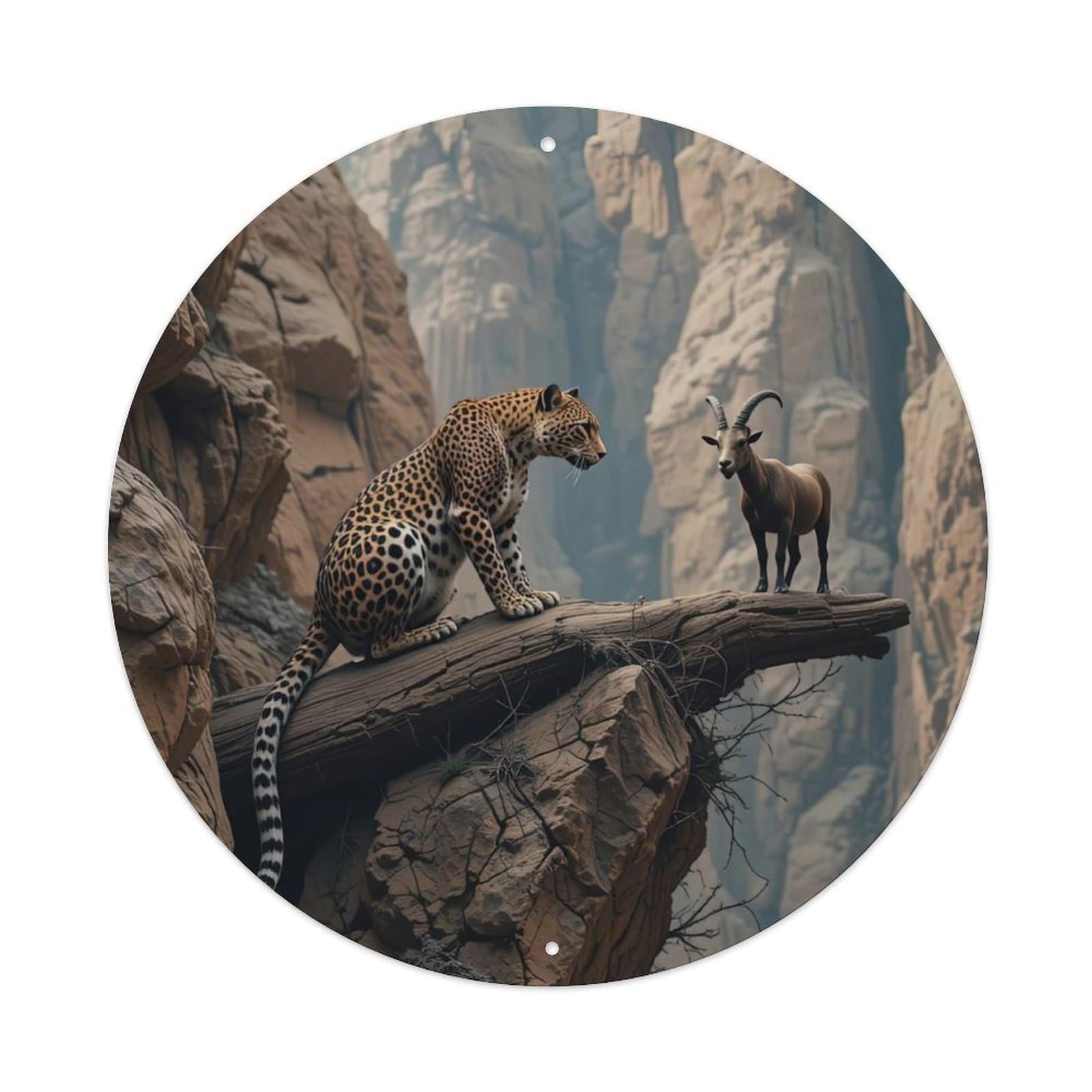 Leopard Ibex Wildlife Confrontation Mountain Canyon Predator Prey Scene Vintage Metal Tin Sign Plaque Wall Decor for Cafe, Club Bar, Office, Garden Metal Poster 8x8Inch