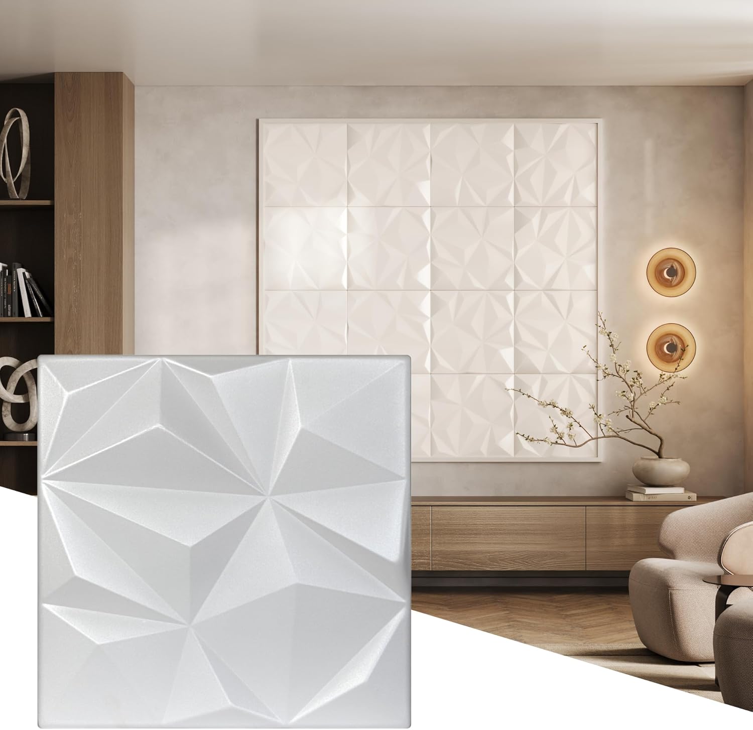 Wall!Supply - 3D Wall Panels – Geo Lite White Wall Covering - Lightweight Extruded Polystyrene Foam Wallpaper Alternative - Easy DIY Installation - 12-Pack